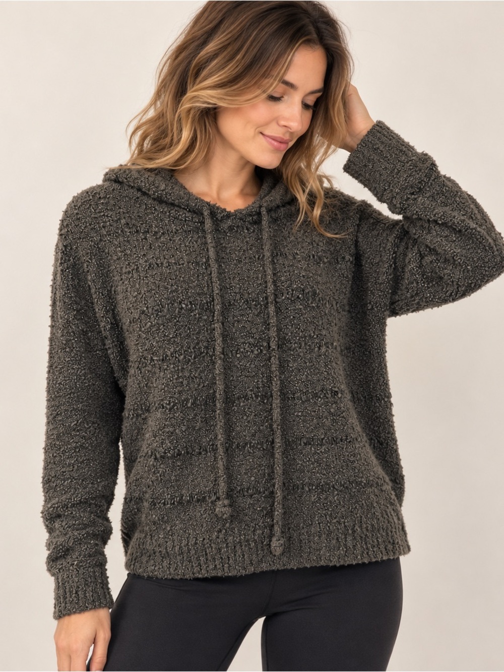 Forever 21 Charcoal Textured Bouclé Knit Hoodie Sweater M